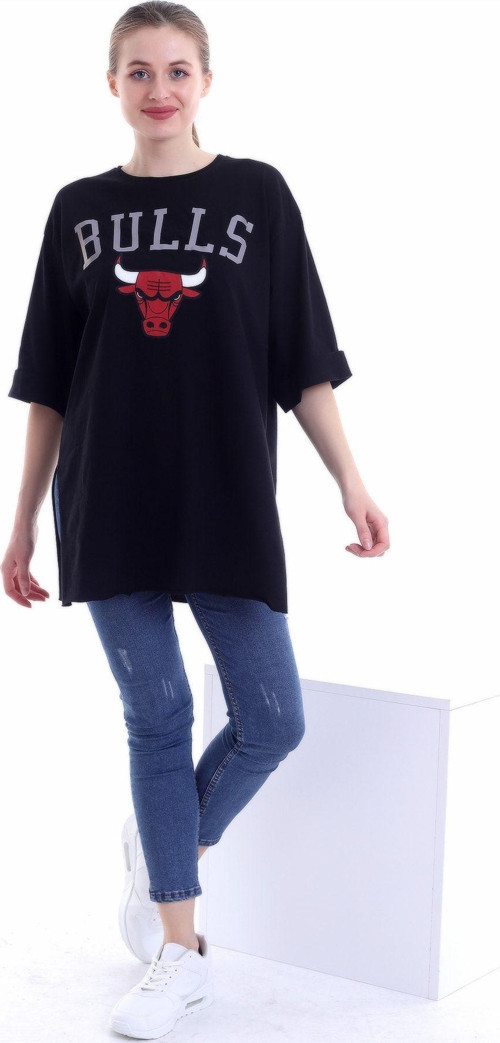 Kadın Siyah Bulls Baskılı Salaş T-Shirt