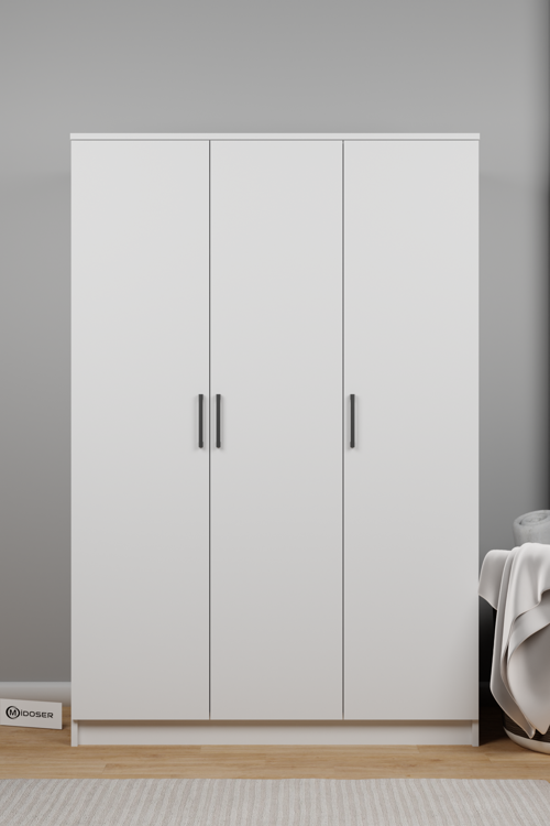 Kardelen Serisi 120 Cm Mat Beyaz 3 Kapılı 5 Raflı Elbise Dolabı - Gardırop Seti