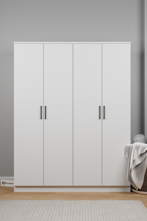 Kardelen Serisi 140 Cm Mat Beyaz 4 Kapılı 5 Raflı Elbise Dolabı