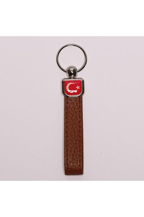 Kahverengi Deri Saplı Çelik Anahtarlık