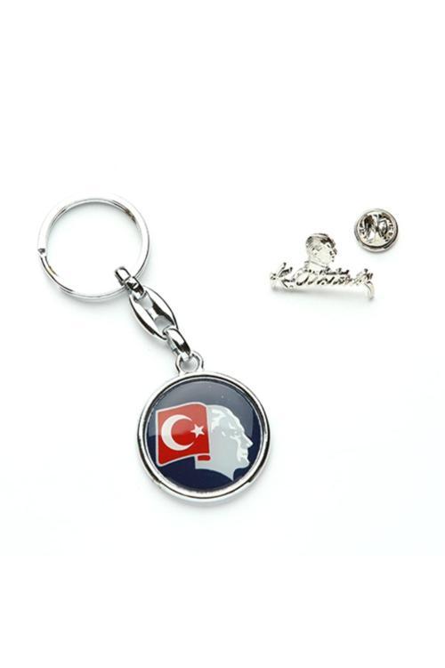 Türk Bayrağı Ve Atatürk Temalı Anahtarlık + Imza Rozet