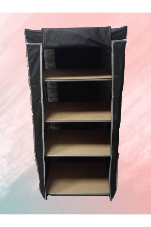 Çelik Borulu 4 Bölmeli Tahta Raflı Çok Amaçlı Portatif Bez Gardırop Siyah