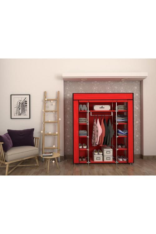 Plastik Profilli Çift Yandan Raflı Kırmızı Bez Dolap Gardırop