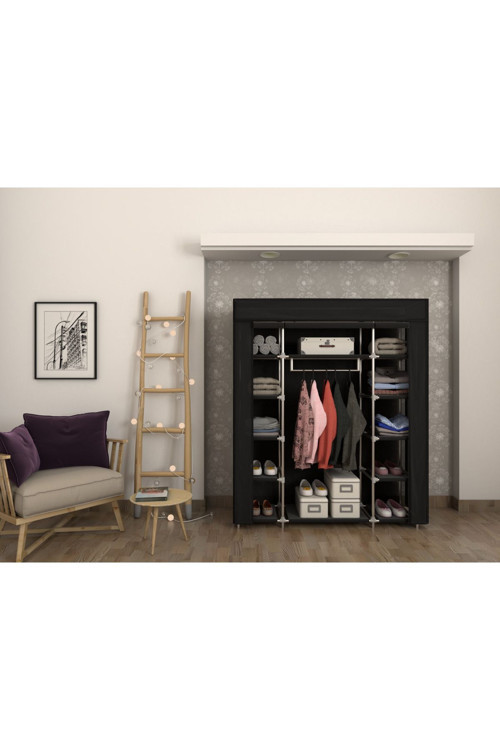 Kumaş Raflı Plastik Profilli Çift Yandan Raflı Bez Dolap Gardırop