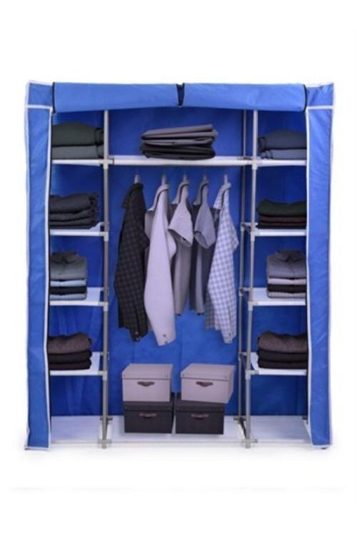 Plastik Profilli Mavi Çift Yandan Raflı Bez Gardırop