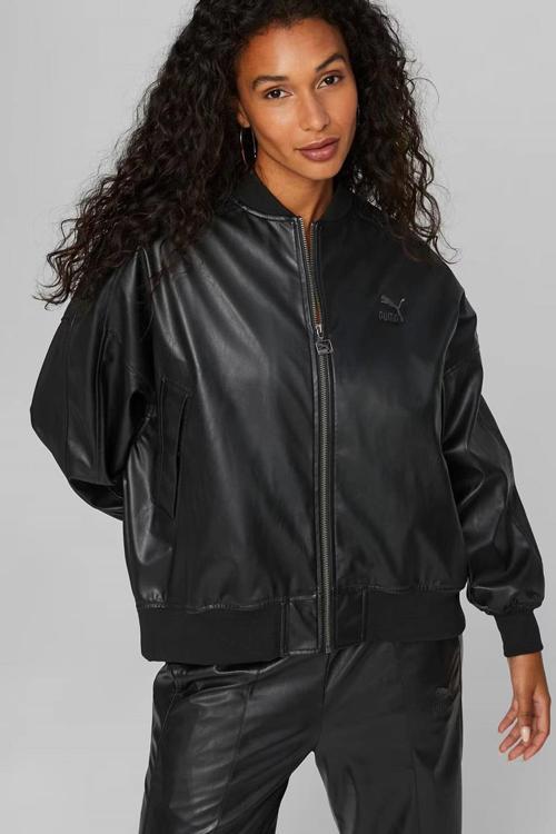 Women’s T7 Faux Leather Bomber Jacket Black Kadın Rahat Kesim Suni Deri Bomber Ceket Siyah
