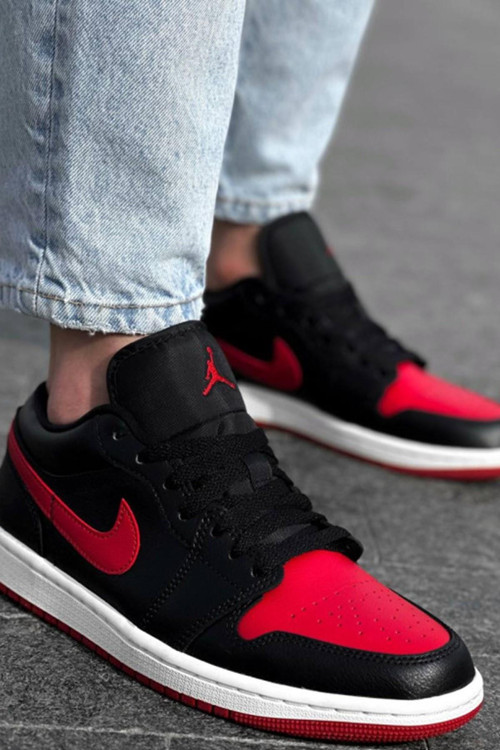Air Jordan 1 Low Reverse Leather Black Red Toe (W)Hakiki Deri Erkek Spor Ayakkabı Siyah Kırmızı