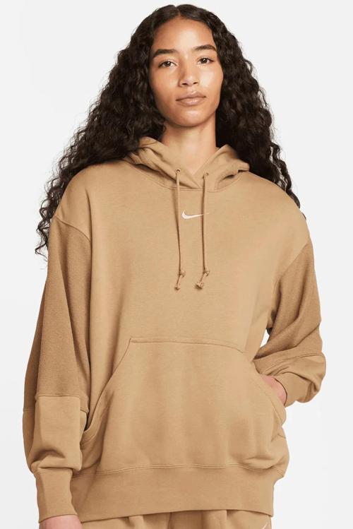 Sportswear Everyday Modern Fleece Oversize Hoodie Kadın Geniş Kalıp Kapüşonlu Sweatshirt Koyu Bej