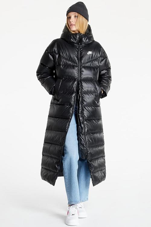 Sportswear Down Fill Jacket Kaz Tüyü Geniş Kalıp Uzun Siyah Mont