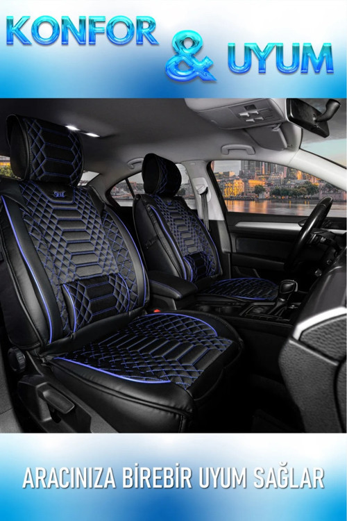 Opel Combo Life 2+1 Parçalı Lüx Deri Oto Koltuk Kılıfı Ön Arka Takım Royal SİYAH MAVİ