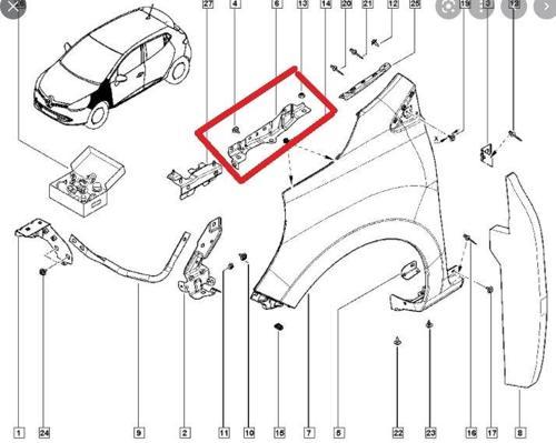 Renault Clıo- 4- Hb- 13/16; Ön Çamurluk Bağlantı Suportu Sol (Orta Kısım) (Sac) (Eagle Body) (Oem No