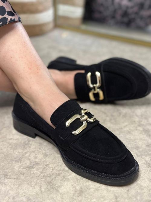 Günlük Kadın Loafer Klasik Alçak Topuklu Desenli Taban Zincirli Oval Burunlu Makosen Ayakkabı 100