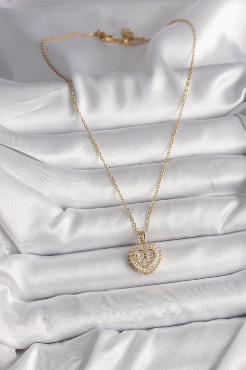 Zarif Kadın için Golden Çelik Zincir Zirkonlu Kalp Tip Kolye