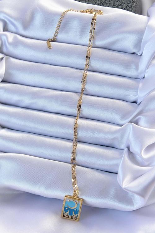 Zarif Kadın için Golden Çelik Zincir Mavi Mineli Ay Tip Tarot Kolye