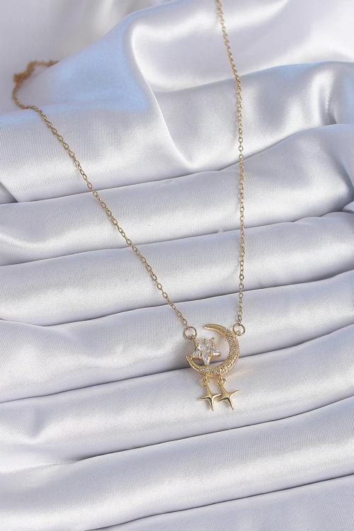 Zarif Kadın için Golden Çelik Zincir Zirkonlu Hilal Yıldız Kolye