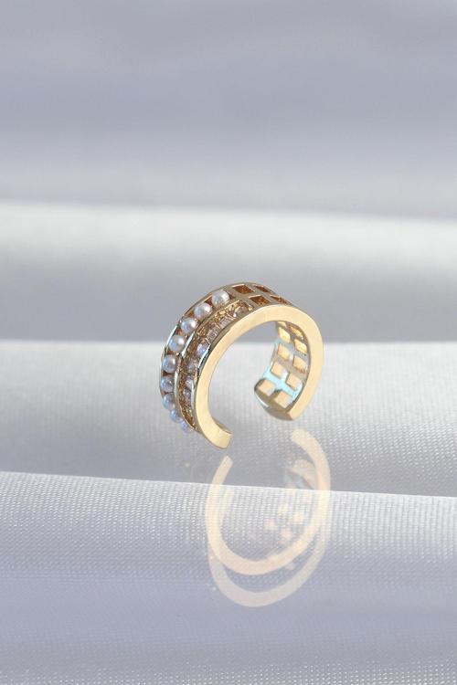 Zarif Kadın için Golden Pirinç İncili Baget Taşlı Earcuff Küpe