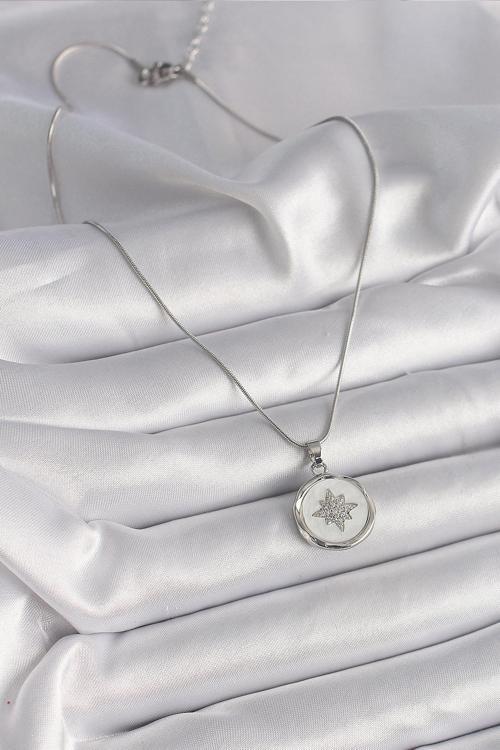 Zarif Kadın için Silver Çelik Zincir Ak Sedef Zirkon Yıldızlı Kolye