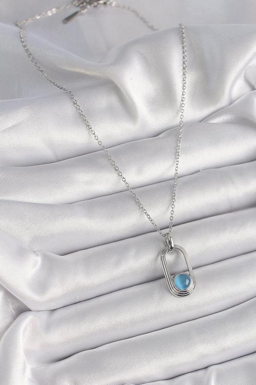 Zarif Kadın için Silver Çelik Zincir Mavi Kedi Göz Kolye