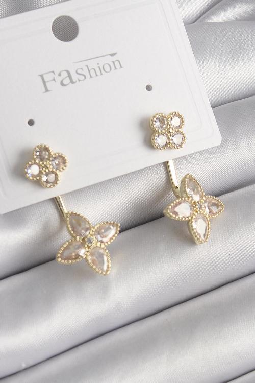 Zarif Kadın için Golden Pirinç Zirkonlu Yonca Stil Küpe