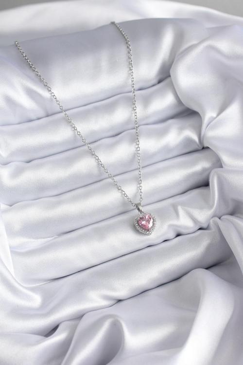 Zarif Kadın için Silver Çelik Zincir Pembe Zirkonlu Charm Kolye
