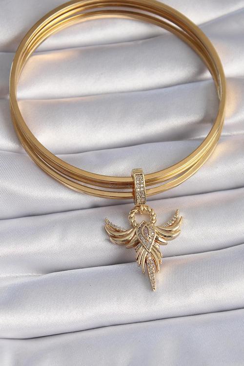 Zarif Kadın için Golden Pirinç Zirkonlu Anka Kuşu Ajda Charm