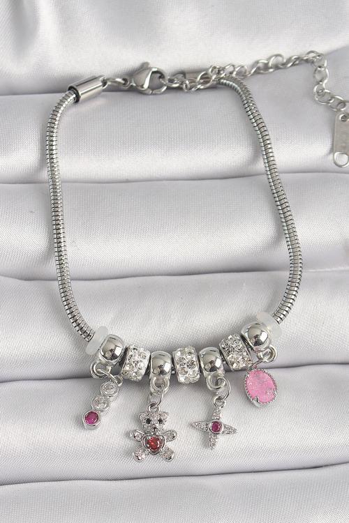 Zarif Kadın için Silver Çelik Zincir Zirkonlu Ayıcıklı Yıldız Bileklik