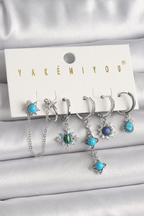 Zarif Kadın için Silver Pirinç Zirkon Mavi Boncuk Çiçek Küpe