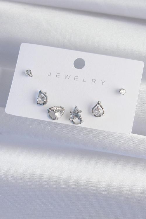 Zarif Kadın için Silver Pirinç Zirkonlu Damla Küpe Seti