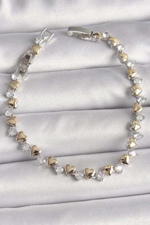 Zarif Kadın için Silver Pirinç Zirkonlu Gold Kalpli Stil Bileklik