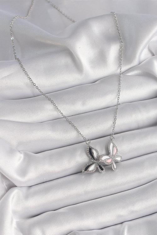 Zarif Kadın için Silver Çelik Zincir Zirkonlu Renkli Kelebek Kolye