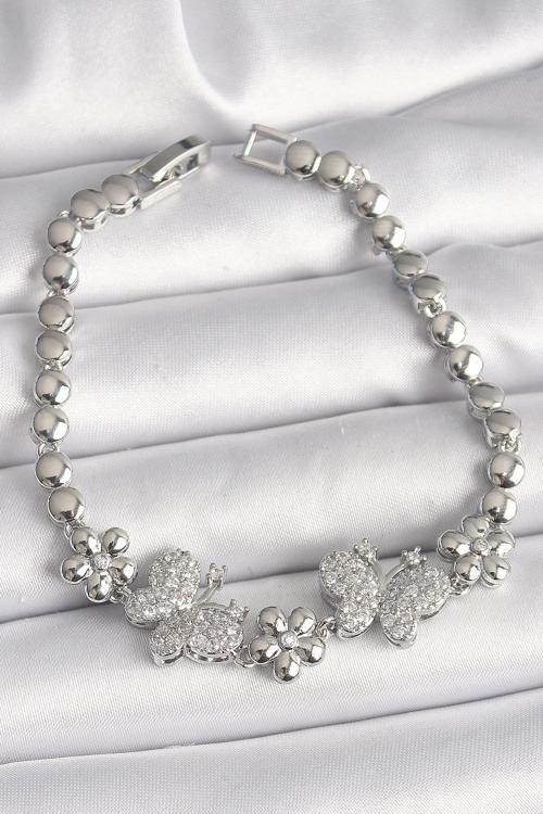 Zarif Kadın için Silver Pirinç Zirkonlu Kelebekli Çiçekli Zincir Bileklik