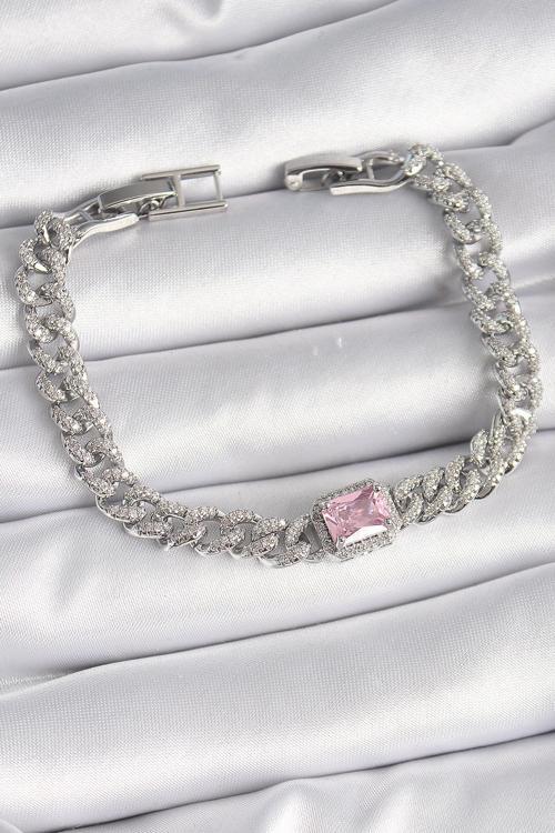 Zarif Kadın için Silver Pirinç Pembe Kare Zirkonlu Stil Bileklik