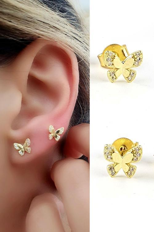 Zirkon Taş Detaylı 925ayar Gümüş Üzerine Altın Kaplama İtalyan minimal kelebek küpe