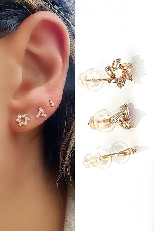 Baget Zirkon Taşlı 925ayar Gümüş Üzerine Rose Altın Kaplama 3 lü tek küpe kombin 