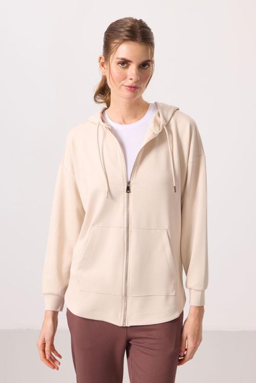Bej Yumuşak Dokulu Kapüşonlu Oversize Kadın Tunik Sweatshirt - 97302