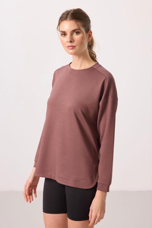 Kahverengi Yumuşak Dokulu O Yaka Rahat Form Kadın Tunik Sweatshirt - 97305
