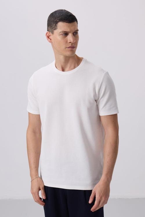 Ekru Yüzeyi Dokulu Rahat Form Basic Erkek T-Shirt - 88436