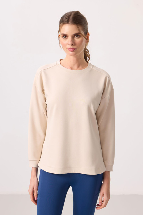 Bej Yumuşak Dokulu O Yaka Rahat Form Kadın Tunik Sweatshirt - 97305