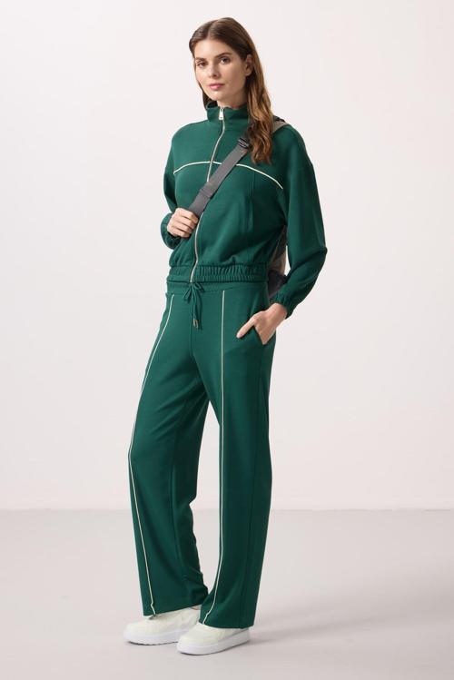 Yeşil Yumuşak Dokulu Dik Yaka Oversize Lastikli Kadın Eşofman Takım - 95349