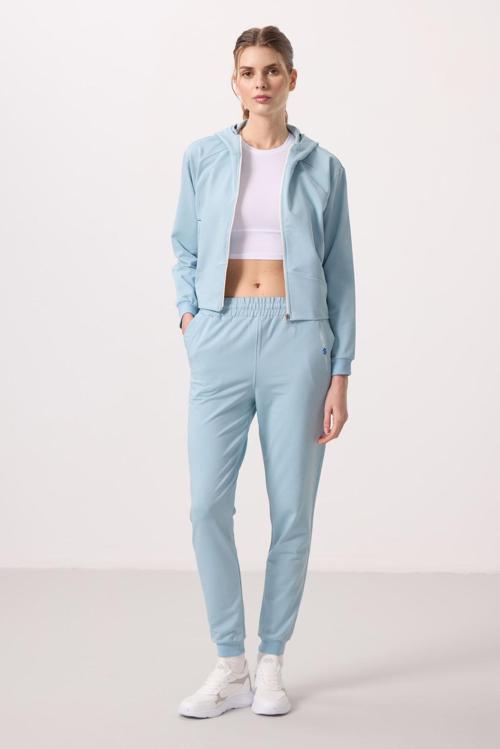 Açık Mavi Kapüşonlu Fermuarlı Oversize Kadın Eşofman Takım - 95328