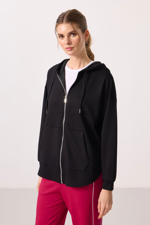 Siyah Yumuşak Dokulu Kapüşonlu Oversize Kadın Tunik Sweatshirt - 97302