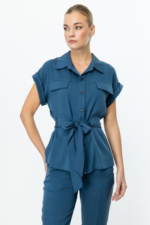 Kadın Beli Kuşaklı Kısa Kol Bluz 3322 Indigo