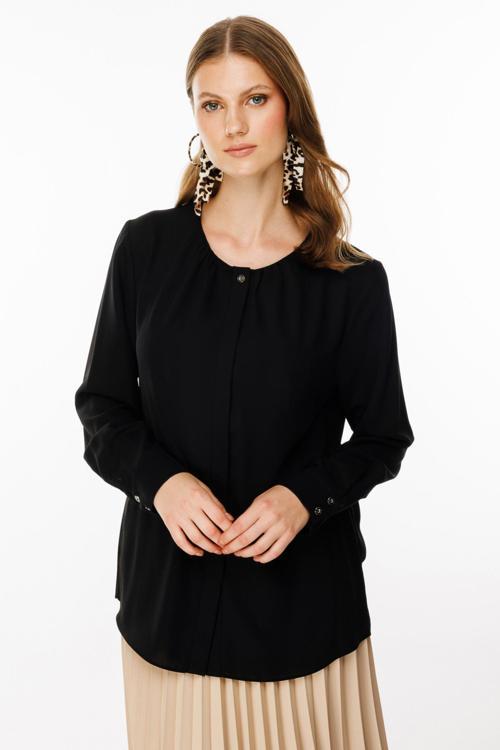 Kadın Büyük Beden Yakası Büzgülü Tek Düğme Bluz 2553 Siyah