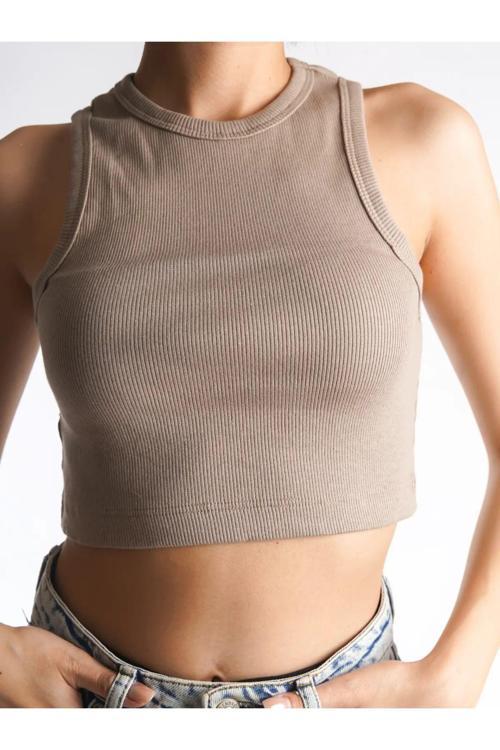 Crop Halter Yaka Basic Ribanalı Pamuklu Atlet