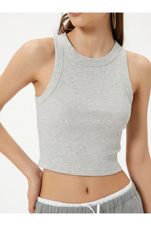Crop Halter Yaka Basic Ribanalı Pamuklu Atlet
