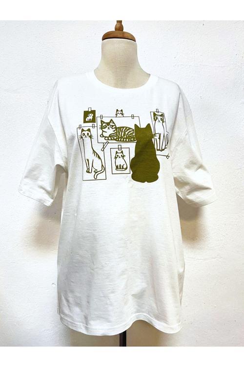 Unisex Kırık Beyaz Pamuklu Kedi Baskılı Oversize T-Shirt