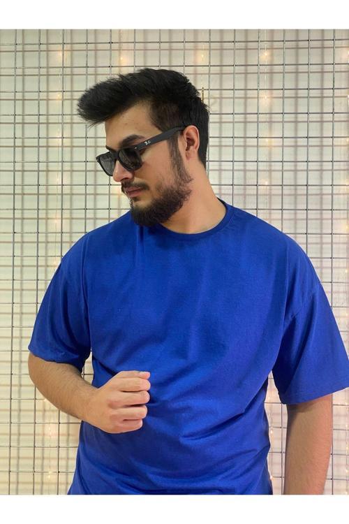 Unisex Mavi Bisiklet Yaka Oversize Tişört