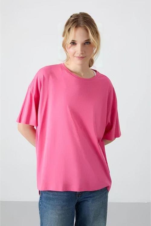 Unisex Pamuk Fuşya Bisiklet Yaka Oversize Boyfriend T-Shirt