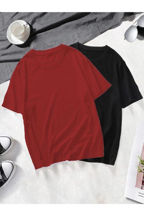 Unisex 2 Li Paket Siyah-Beyaz Basic Oversize Penye T-Shirt Tişört