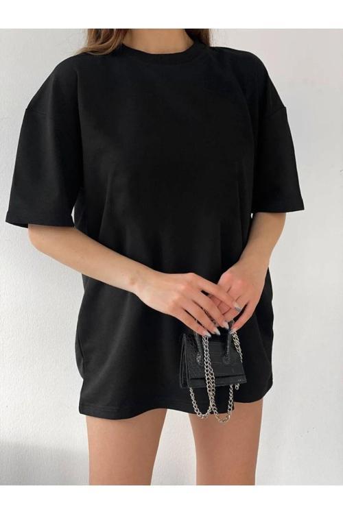 Siyah Unisex Pamuk Bisiklet Yaka Boyfriend Örme Oversize T-Shirt